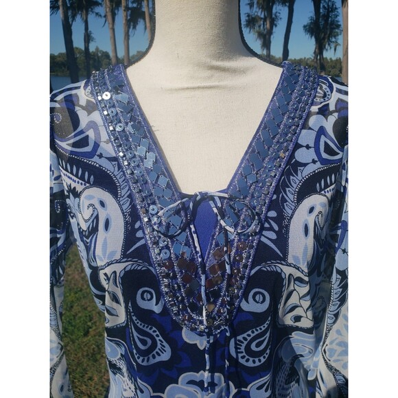 INC Blouse Women S Blue Paisley Sheer Sequins 3/4 Sleeves V Neck w/Camisole - Picture 2 of 16